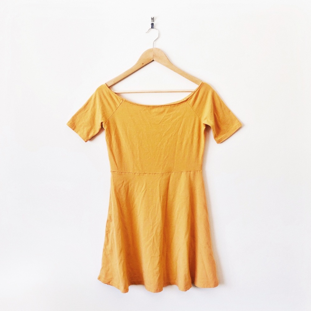 off the shoulder mustard yellow skater dress